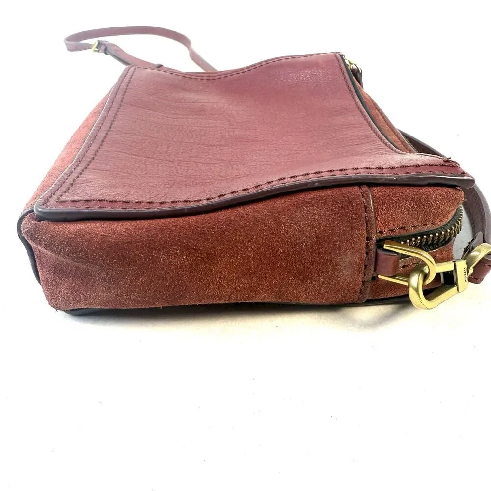 Fossil Campbell Purse Red Burgindy Leather and Suede Sling Bag Crossbody